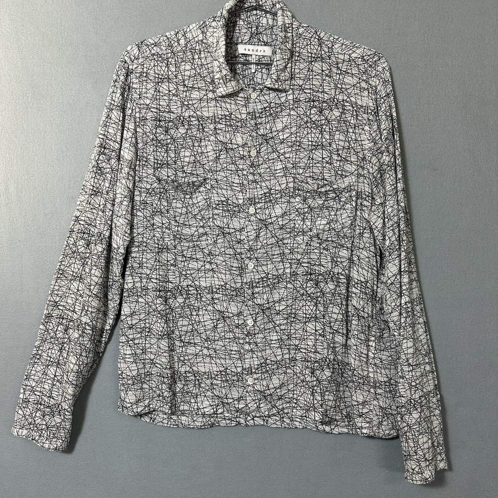 Sandro Button Up Blouse Women's Large White Black Abstract Pockets Lightweight